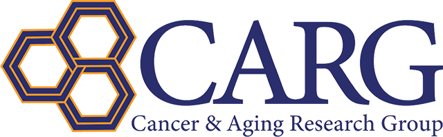 Cancer and Aging Research Group Logo - Navy Blue serif type with three interlocking blue and orange hexagons to left